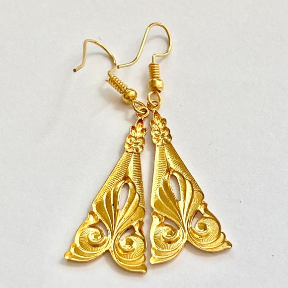 Vintage Filigree Gold Plated Art Deco Earrings Dangle Triangle Nouveau - Picture 4 of 7